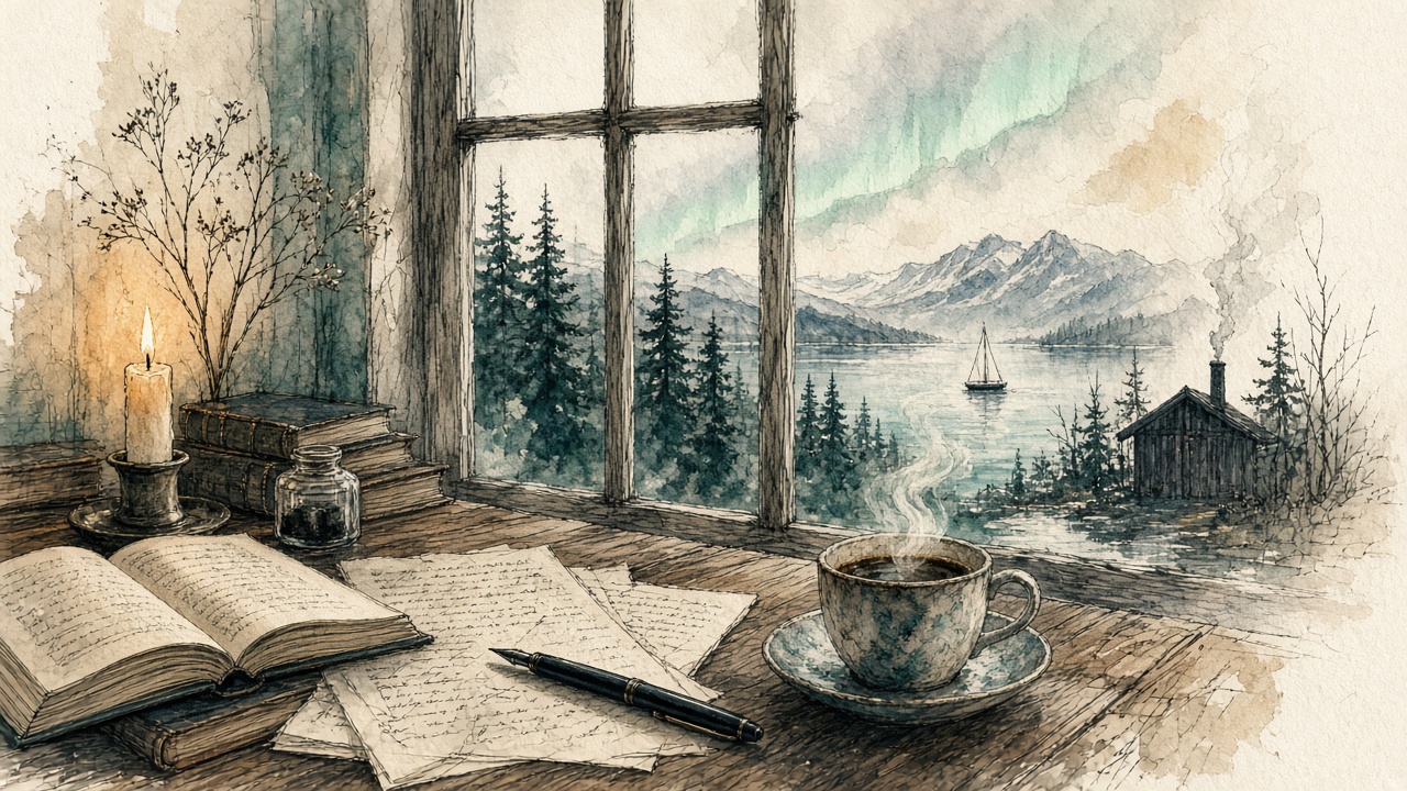 Ink sketch of a Nordic writing desk looking out to pines, fjord and aurora